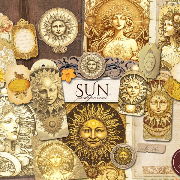 Sun Junk Journal Kit (Pages JPG imprimables avec éphémères, étiquettes, marque-page), Summer Solar, Art Nouveau, Goddess Digital Paper, Digital Download