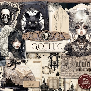 Peut inclure: Un collage numérique d'images sur le thème gothique, comprenant un crâne, un chat noir, une femme aux cheveux blancs et une femme aux cheveux noirs. Le collage est sur fond de bois et comprend le texte "Gothic" et "pink journal".