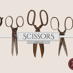 Puede incluir: Cinco tijeras vintage con cuchillas y mangos de metal oxidado. Las tijeras están dispuestas en una fila sobre un fondo blanco. El texto "SCISSORS clipart" se muestra debajo de las tijeras.