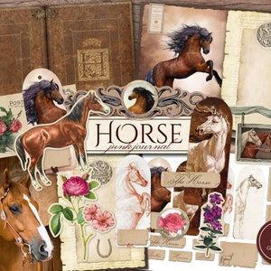Kit de journal indésirable cheval (Pages JPG imprimables avec éphémères, couverture, signets, coupes délicates florales), papier numérique cheval de ferme, téléchargement numérique
