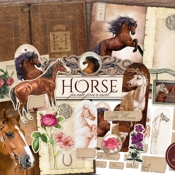 Horse Junk Journal Kit (pages JPG imprimables avec éphémère, couverture, signets, coupes florales difficiles), papier numérique de cheval de ferme, téléchargement numérique