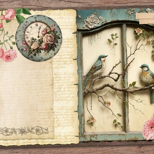 Kit de journal indésirable shabby chic pages JPG imprimables avec éphémères, couverture, étiquettes, pastel, horloge, oiseau, rose, papier numérique, téléchargement numérique image 6