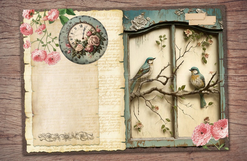 Kit de journal indésirable shabby chic pages JPG imprimables avec éphémères, couverture, étiquettes, pastel, horloge, oiseau, rose, papier numérique, téléchargement numérique image 6