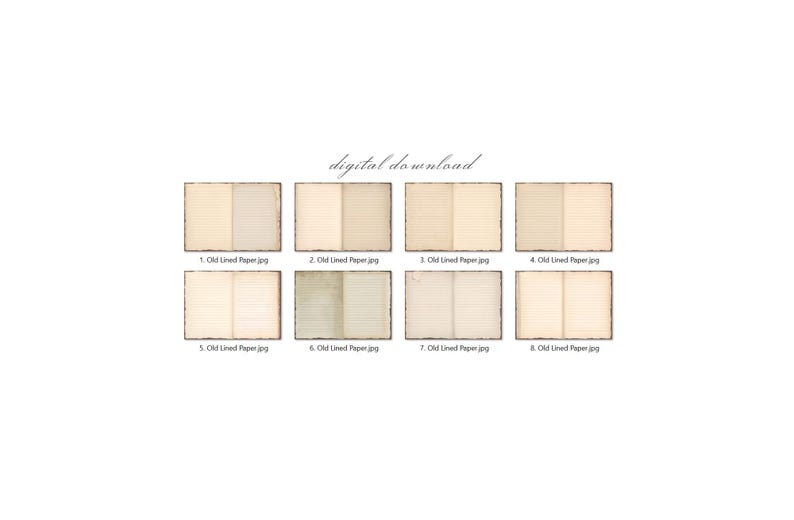 May include: Eight digital images of old lined paper, each image is a spread of two pages. The images are labeled 1 through 8.