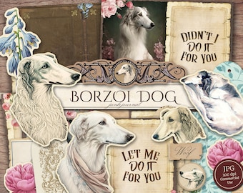 Borzoi Dog Junk Journal Kit (Afdrukbare JPG-pagina's met Ephemera, Cover, Tags), Borzoi Meme, Afdrukbare kaart, Digitaal papier, Digitale download