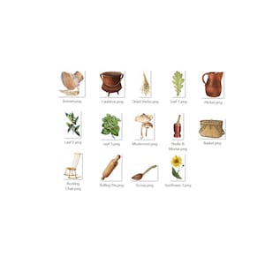 May include: A collection of illustrations depicting various items, including a cauldron, a rolling pin, a pitcher, a basket, a rocking chair, a sunflower, a mushroom, a leaf, dried herbs, and a bonnet.