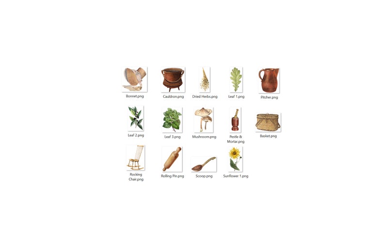 May include: A collection of illustrations depicting various items, including a cauldron, a rolling pin, a pitcher, a basket, a rocking chair, a sunflower, a mushroom, a leaf, dried herbs, and a bonnet.