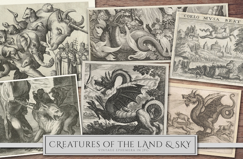 May include: A collection of vintage illustrations depicting mythical creatures from land and sky. The images feature a unicorn, a dragon, a griffin, and a winged horse. The illustrations are in black and white and have a detailed, intricate style.