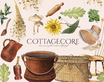 Cottagecore Clipart in PNG, Country Chic, Green Witch Cottage, Rustic, Natural Living, Journal Overlays, Digital Download, Commercial Use
