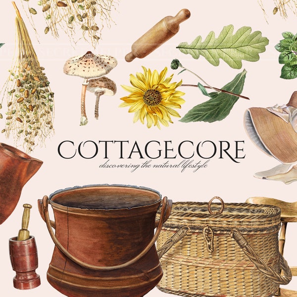 Cottagecore Clipart in PNG, Country Chic, Green Witch Cottage, Natural Living, Printable Stickers, Digital Download for Commercial Use