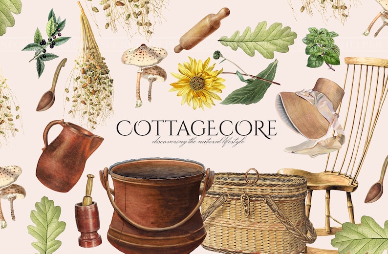 May include: A watercolor illustration of cottagecore elements, including a wooden rolling pin, a sunflower, a wicker basket, a wooden chair, a pitcher, a copper pot, a wooden mortar and pestle, a wooden spoon, a mushroom, a bunch of dried flowers, a hat, and oak leaves. The text "COTTAGE CORE discovering the natural lifestyle" is in the center of the image.