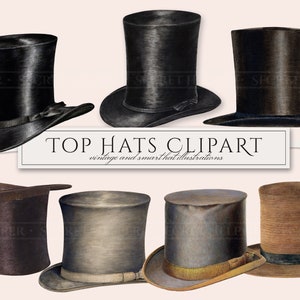 Clipart de chapeaux haut de forme en PNG, illustrations de mode masculine vintage, chapeau de magicien, chapeau de paille, éphémère victorien, téléchargement numérique, usage Commercial