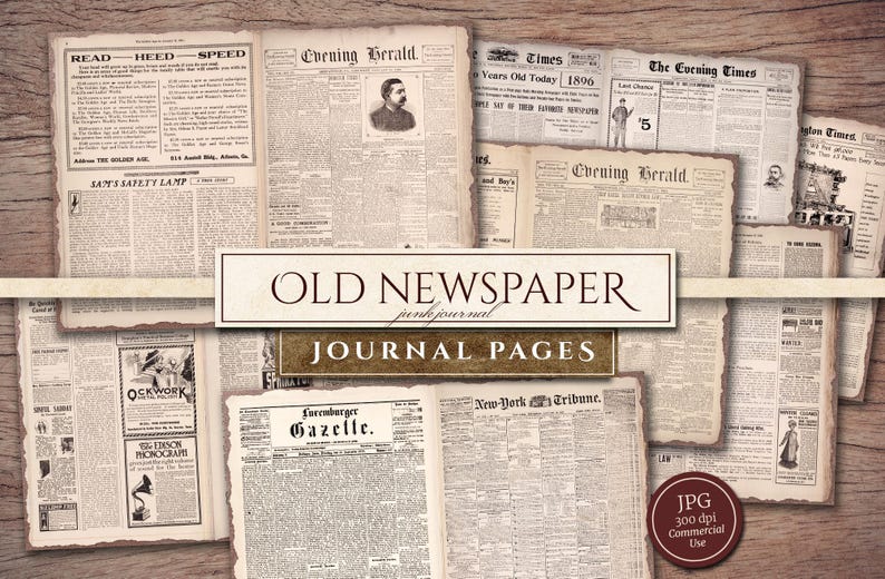 May include: A collection of vintage newspaper pages with headlines like "Evening Herald", "Times", and "The Evening Times". The pages are yellowed and have a distressed look, giving them a vintage feel. The pages are perfect for scrapbooking, crafting, or adding a touch of nostalgia to your projects.