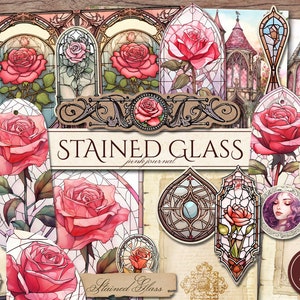 Kit de journal indésirable en vitrail (pages JPG imprimables avec éphémères, étiquettes, marque-page), princesse rose, papier numérique de conte de fées, téléchargement numérique