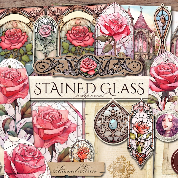 Stained Glass Junk Journal Kit (Printable JPG Pages with Ephemera, Tags, Bookmark), Rose Princess, Fairytale Digital Paper, Digital Download