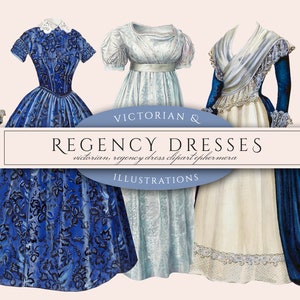 Ilustraciones de vestidos victorianos y de la Regencia en formato PNG, efímeras de moda vintage, Orgullo y prejuicio, descarga digital para uso comercial