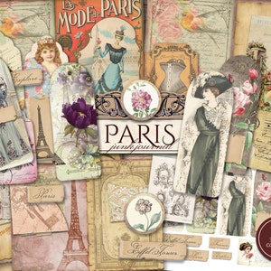Kit Paris Junk Journal (Pages JPG imprimables avec éphémères, couverture, signets), papier numérique shabby chic, mode victorienne, téléchargement numérique