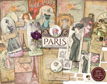 May include: A collection of vintage-style digital papers featuring images of Paris, France, including the Eiffel Tower, women in vintage clothing, and floral designs. The papers are in shades of pink, brown, and green, and have a distressed, aged look. The text "Paris junk journal" is included in the image.