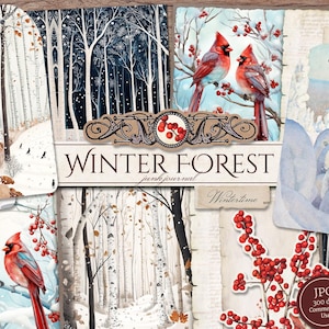Kit de journal indésirable de la forêt d'hiver (pages JPG imprimables avec éphémères, étiquettes, signets), oiseaux cardinaux, neige papier numérique, téléchargement numérique