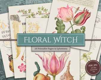 Druckbare Blumenhexe Zauberbuch Seiten (28 Seiten & Ephemera), Gartenhexe, Cottage Hexe für Journal, Grimoire, sofortiger digitaler Download
