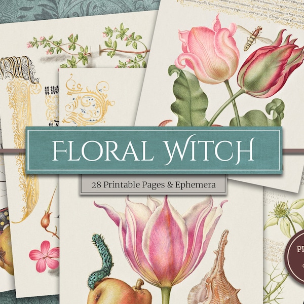 Printable Floral Witch Spellbook Pages (28 Pages & Ephemera), Garden Witch, Cottage Witch for Journal, Grimoire, Instant Digital Download
