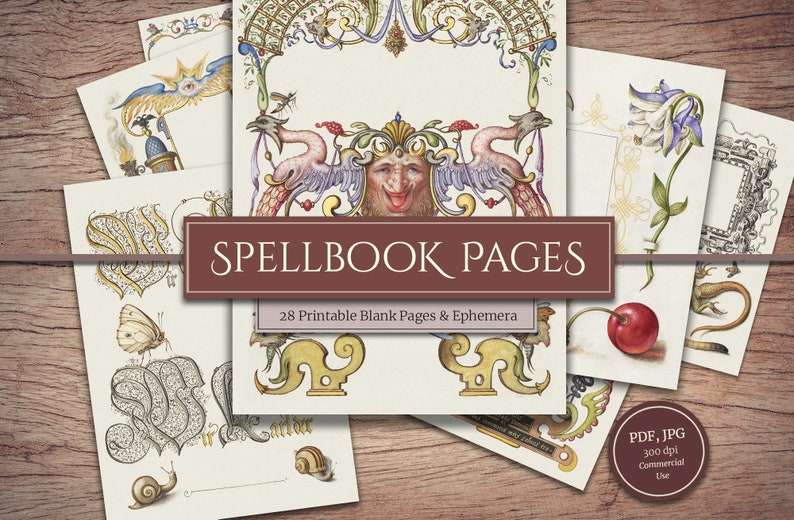 K&ouml;nnte beinhalten: Ein Satz von 28 druckbaren Zauberbuchseiten mit detaillierten Illustrationen von fantastischen Kreaturen, Blumen und anderen skurrilen Designs. Die Seiten sind perfekt, um Ihr eigenes Zauberbuch oder Tagebuch zu erstellen.