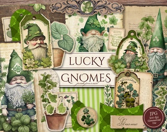 Lucky Gnomes Junk Journal Kit (druckbare JPG-Seiten mit Ephemera, Tag), Frühlingsgarten, irisches St Patricks Day Digital Papier, digitaler Download