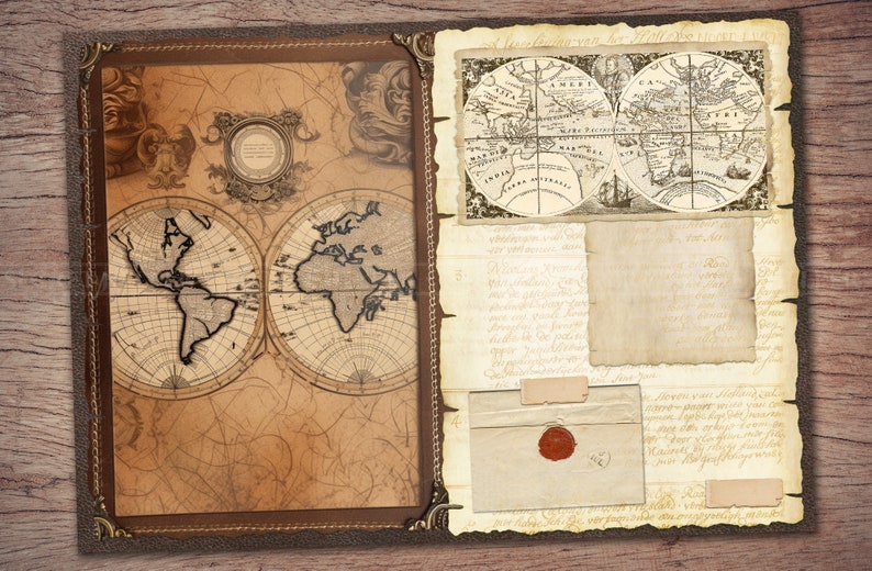 May include: An open vintage leather-bound journal with two world maps on the left page and a blank page on the right. The right page also has a handwritten note, a sealed envelope, and a small piece of paper with writing on it.