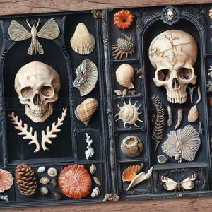 May include: A dark blue framed display featuring a collection of natural objects. The display includes two human skulls, seashells, butterflies, pine cones, and other natural elements. The objects are arranged in individual compartments.