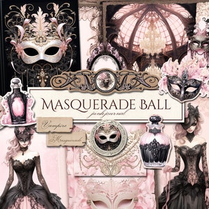 Kit di diario spazzatura in maschera (pagine JPG stampabili con effimeri, copertina, tag), ballo da vampiro, gotico, carta digitale glam party, download digitale