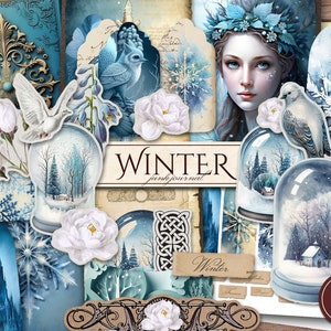 Winter Junk Journal Kit (afdrukbare JPG-pagina's met kortstondige, tags), Fairy Snow Queen, Frozen White Christmas, Digitaal papier, Digitale download