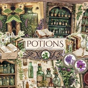 Kit de diário de lixo de poções (páginas JPG para impressão com coisas efêmeras, etiquetas, marcador), ervas, garrafas, papel digital de boticário, download digital
