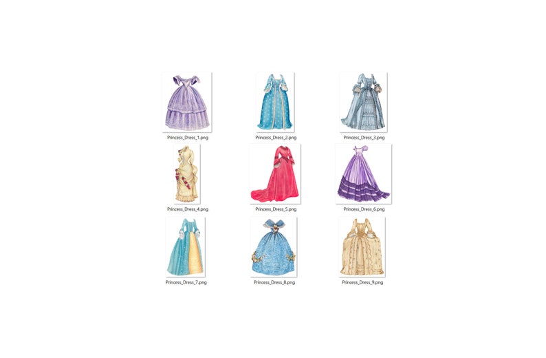 Prinses Jurk Clipart in PNG, Lange Baljurk, Sprookje, Vintage Illustraties, Papieren Pop Overlays, Digitale Download voor Commercieel Gebruik afbeelding 6