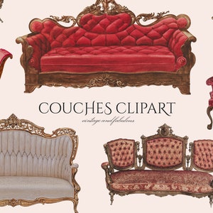 Vintage Couch Clipart in PNG, Sofa, Lounge, Bank Illustraties, Royal Luxe Meubels, Getuft Fluweel, Digitale Download, Commercieel Gebruik