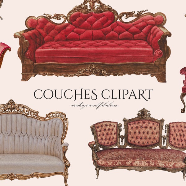 Vintage Couch Clipart in PNG, Sofa, Lounge, Settee Illustrations, Royal Luxury Furniture, Tufted Velvet, Digital Download, Commercial Use
