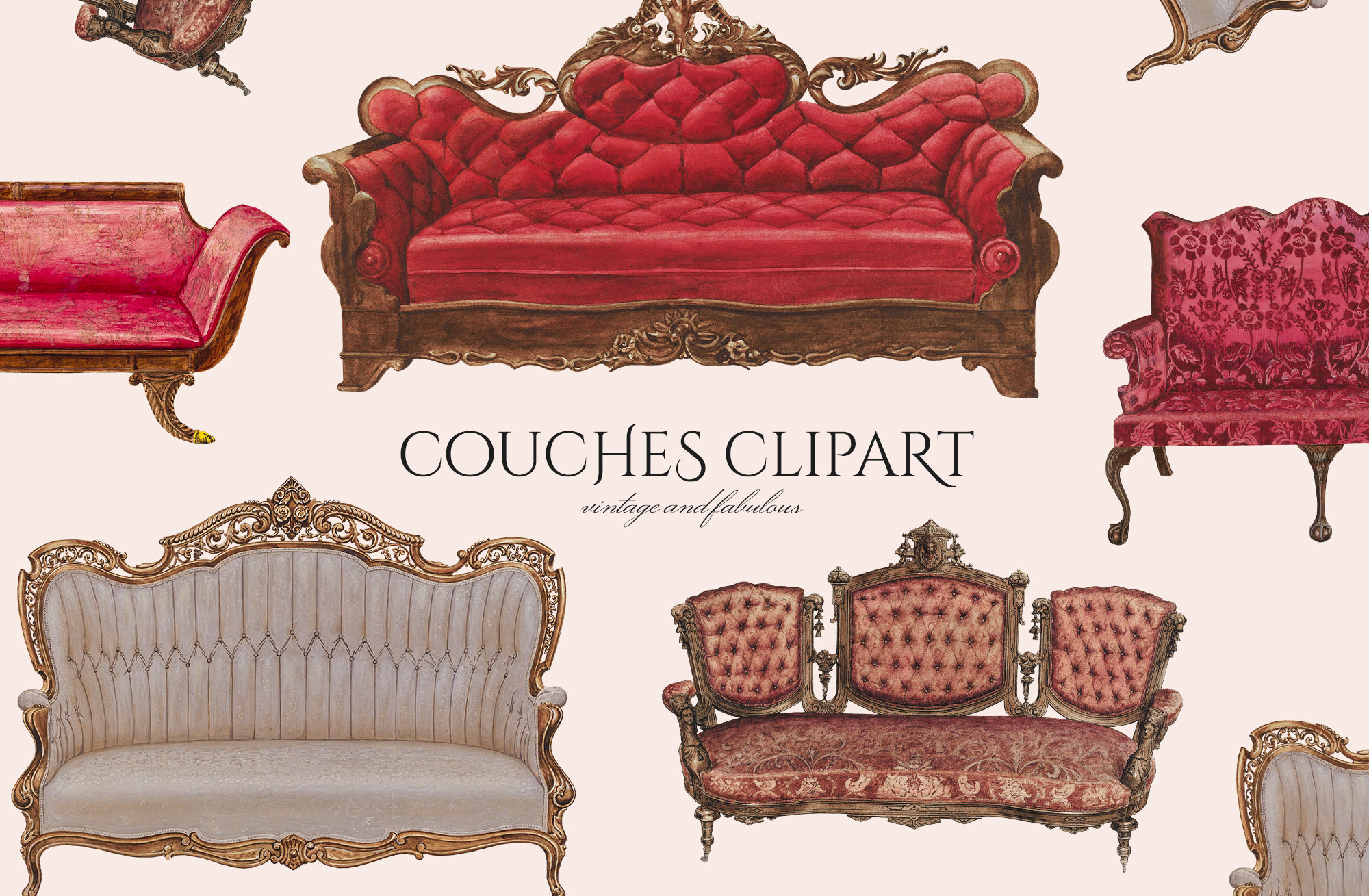 Vintage Couch Clipart in PNG Sofa Lounge Bank Illustraties