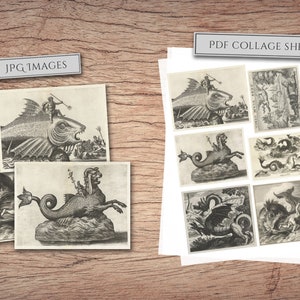 May include: A printable PDF collage sheet with eight black and white illustrations of mythical sea creatures. The sheet is titled "PDF Collage Sheet".