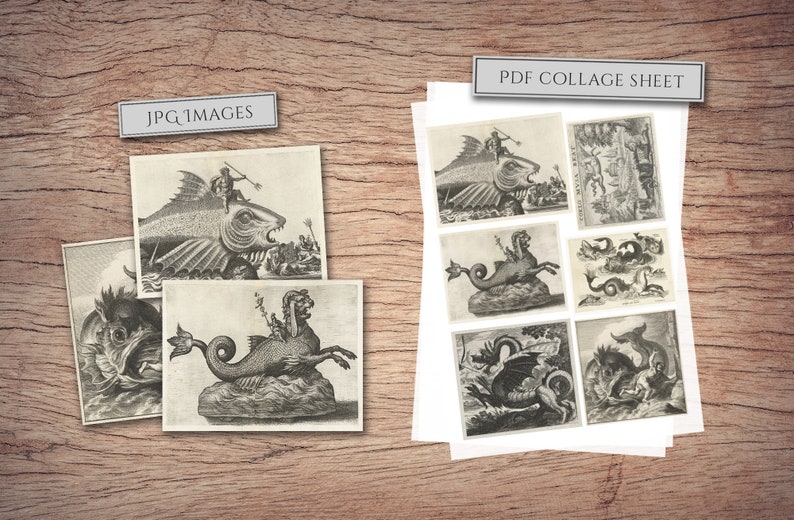 May include: A printable PDF collage sheet with eight black and white illustrations of mythical sea creatures. The sheet is titled "PDF Collage Sheet".