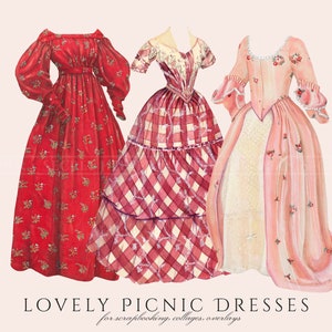 May include: Three vintage-style dresses in red, pink and white gingham patterns. The dresses are illustrated with floral details and are labeled "Lovely Picnic Dresses for scrapbooking, collages, overlays".