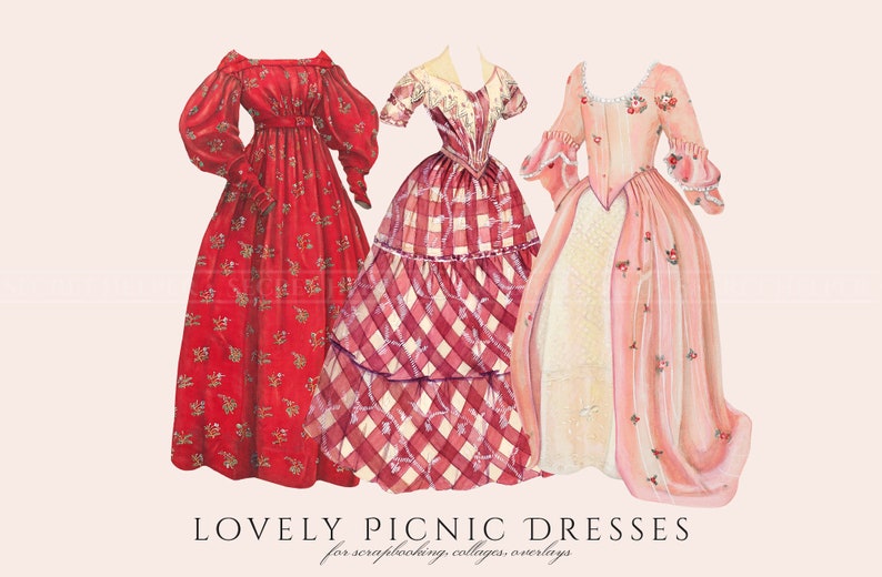 May include: Three vintage-style dresses in red, pink and white gingham patterns. The dresses are illustrated with floral details and are labeled "Lovely Picnic Dresses for scrapbooking, collages, overlays".