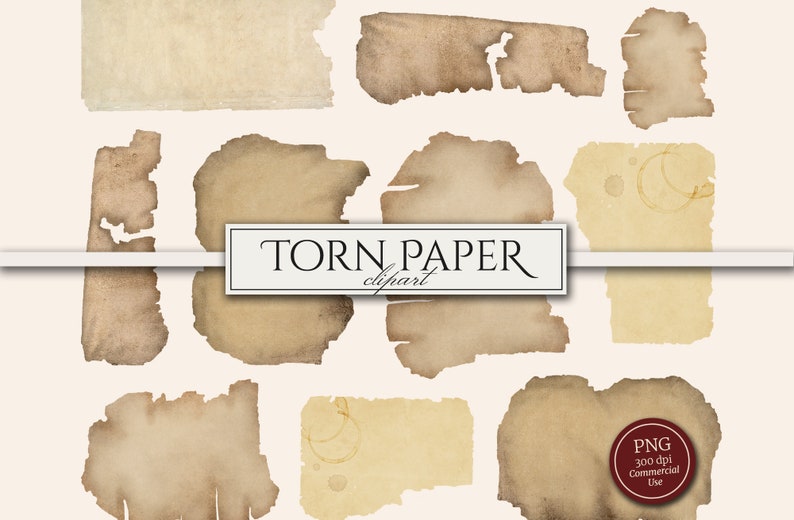 K&ouml;nnte beinhalten: Ein Satz von zehn zerrissenen Papiertexturen in verschiedenen Formen und Gr&ouml;&szlig;en. Das Papier ist hellbraun mit einigen dunkelbraunen R&auml;ndern und Flecken. Das Papier ist perfekt, um Ihren Projekten einen Vintage- oder Used-Look zu verleihen.