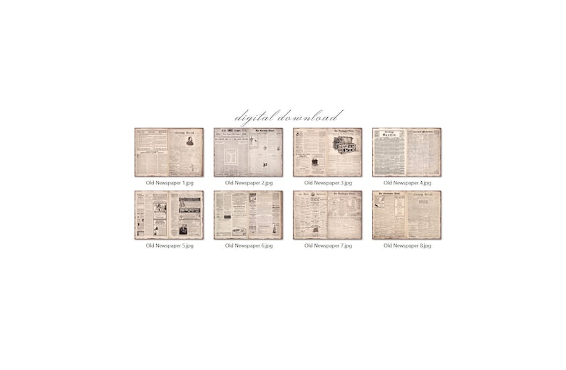 May include: Eight black and white images of old newspaper pages. The pages are all different and feature various articles and advertisements. The text is in English.