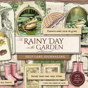 Rainy Day Garden Junk Journal Kit (Printable JPG Pages with Ephemera), Self Care Journaling for Anxiety, Depression, Frogs, Digital Download