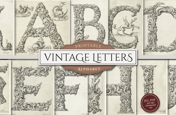 Vintage Letters Ephemera (JPG, PDF Collage Sheet), Printable Alphabet for Junk Journal, ABC Coloring Pages, Digital Download, Commercial Use