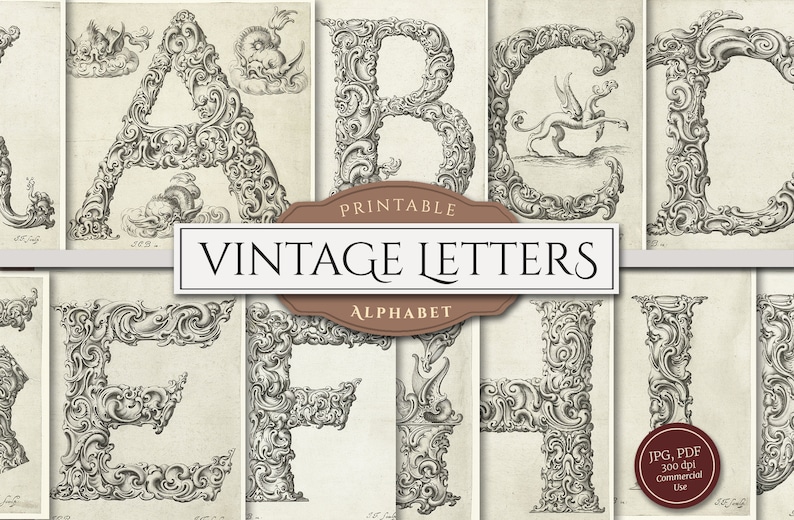 May include: Printable vintage alphabet letters in black and white. Each letter is surrounded by intricate, ornate, and detailed flourishes. The letters are A, B, C, E, F, and H. The text "Printable Vintage Letters Alphabet" is at the center of the image.