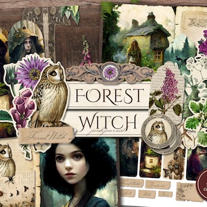 Può includere: Un foglio di collage digitale a tema strega del bosco. Il foglio presenta illustrazioni di gufi, fiori, un cottage e una donna in un bosco. Il testo "Forest Witch" è presentato in un font decorativo. Il foglio è progettato per l'uso nello scrapbooking digitale e in altri progetti creativi.