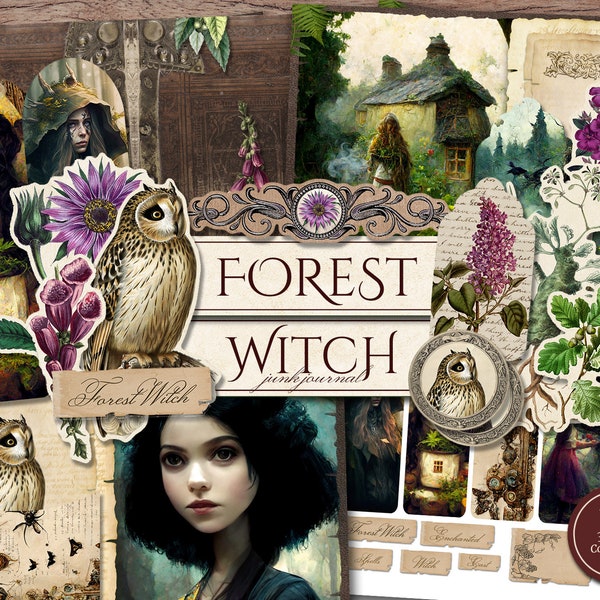 Forest Witch Junk Journal Kit (páginas JPG imprimibles con efímeras, portada, marcador), curandero gótico, pagano, papel digital de búho, descarga digital