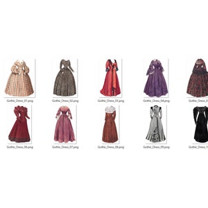 May include: Ten different vintage illustrations of women's dresses from the Victorian era. The dresses are in various colours and patterns, including red, black, purple, and brown.