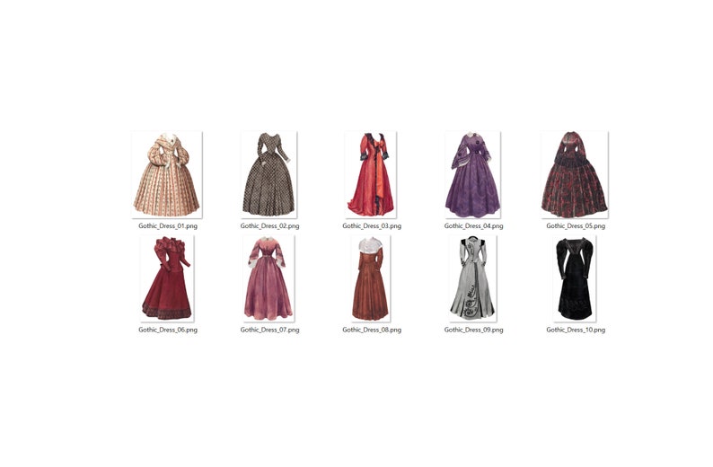 May include: Ten different vintage illustrations of women's dresses from the Victorian era. The dresses are in various colours and patterns, including red, black, purple, and brown.