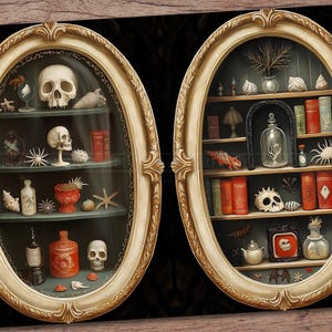 May include: Two oval-framed displays with antique-style shelves filled with curiosities. One features a skull, shells, and books. The other showcases a glass dome, books, and a skull. The frames have a gold finish, set against a dark background.